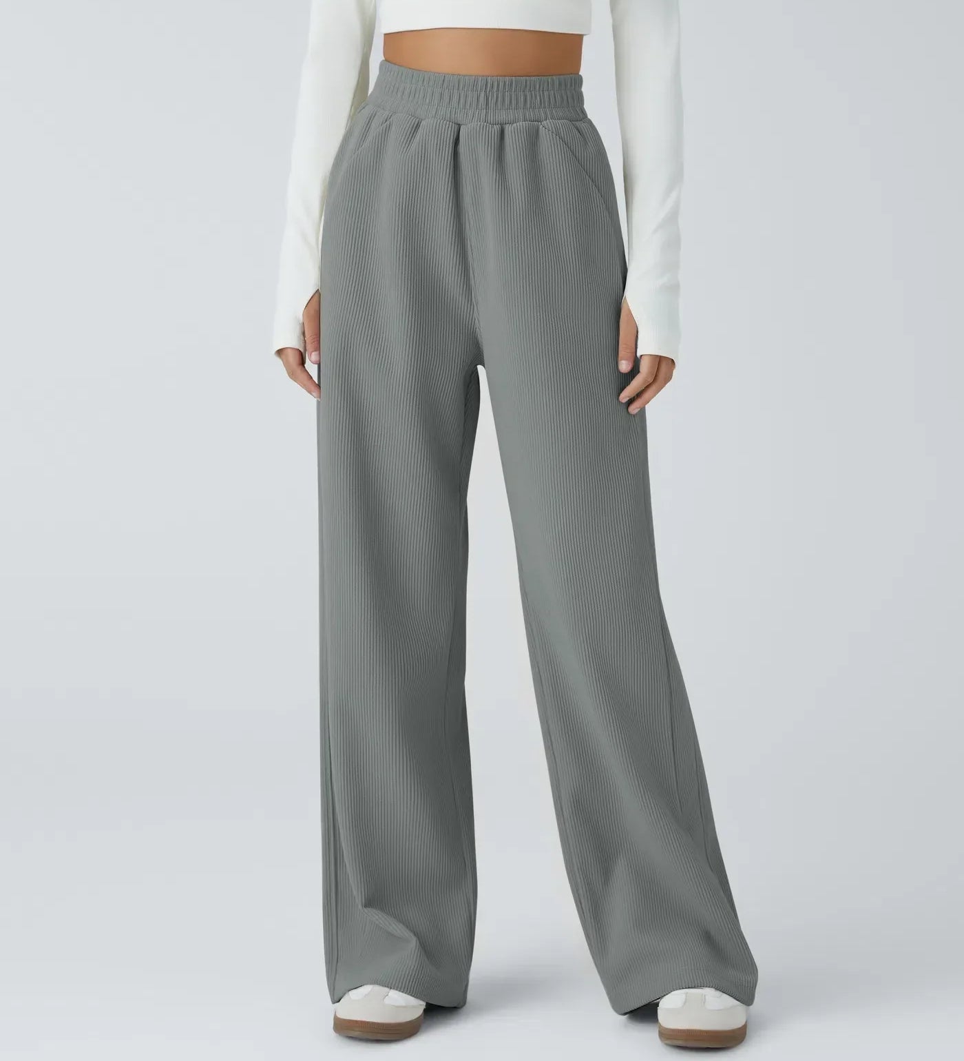 Zuzana | Ležérní rovné kalhoty z manšestru s vysokým pasem a kapsami